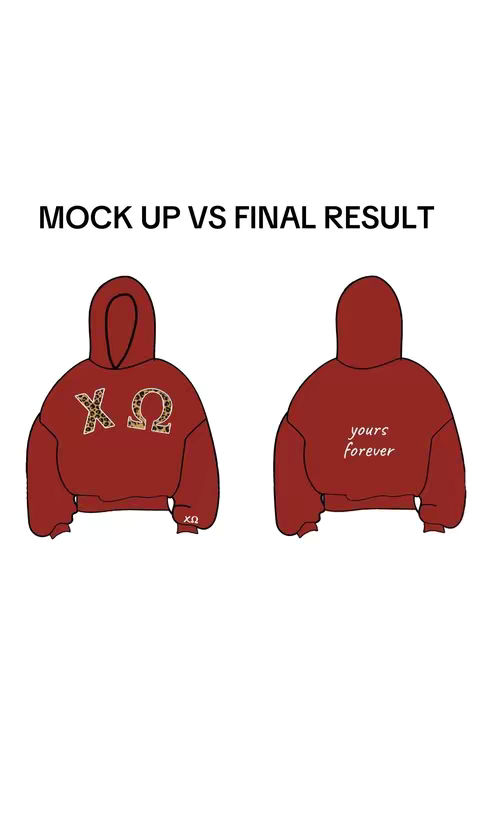 The cover image presents a mockup of a burgundy hoodie. On the left, the front of the hoodie displays the Greek letters 'ΧΩ' with a leopard print detail. On the right, the back of the hoodie has the script 'yours forever.' Above, in plain text, it states 'MOCK UP VS FINAL RESULT'. The layout is clean, and the overall style is casual.
