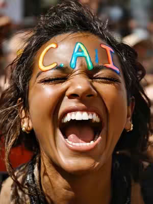 A young woman with dark hair and a smiling face is shown in a close-up shot. Her eyes are closed, mouth wide open in laughter or a yell, and the letters, 'C.A.I,' are painted across her forehead in colorful, curved letters, each in different colors. The background is blurred, indicating the focus is on her.