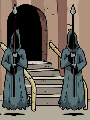 An illustration depicting two figures in dark hooded robes holding spears, standing guard at the foot of a staircase leading up to a dark arched doorway. The color palette is muted with earthy tones, primarily browns and grays, which set a mysterious and foreboding atmosphere. The composition is symmetrical, with the figures positioned on either side of the doorway, creating a sense of formality and anticipation.