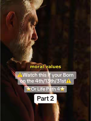 The cover image displays a man from the chest up, viewed in profile, set against a blurred background. Overlayed text appears in a rectangular box, with the title "moral values". Additional text in a colored box provides information about the content's focus on numerology and Life Path 4.