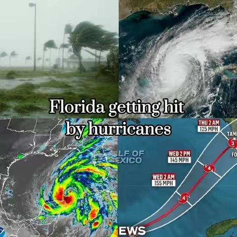 The cover image is a split screen showing various weather and map-based imagery. In the top left quadrant, a coastal scene depicts palm trees bending in strong winds under a grey sky, suggesting a storm. The top right quadrant shows a swirling hurricane over the ocean from a satellite's view. The bottom quadrants display weather maps with the text 'Florida getting hit by hurricanes' overlaid in a bold font. The bottom right corner shows the hurricane's projected path with numbers indicating its intensity and arrival times and speeds.