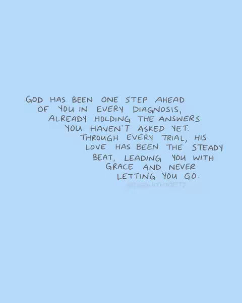 A light blue background with handwritten text arranged in a descending diagonal line. The text conveys a religious message about God's guidance and love.