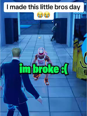 The cover image from a video game, showing a hallway scene inside what appears to be a prison with two characters. On the left, a person is seen from the back, wearing a suit. On the right, is a character in a game skin in orange and white gear, kneeling, with a speech bubble above them displaying crying emojis beside each other. Text overlays on the image read "Im broke :(" in a green bubble.