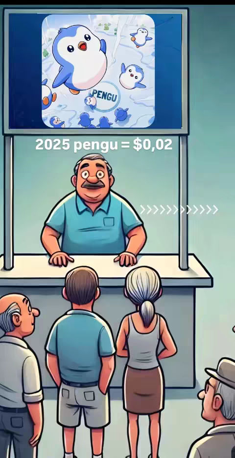 An illustrated image depicts a ticket window with an attendant, and illustrations of penguins. Above the window is a screen with an image of a penguin and text that reads, 2025 pengu = $0,02.