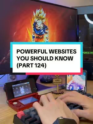 The image showcases a person's hands operating a keyboard and a Nintendo 3DS. Behind, a computer monitor displays a vibrant image of Goku from Dragon Ball, set against a fiery background. The monitor is positioned above a wooden desk that features a sign that reads "Kiwi's Wandering", a Nintendo 3DS with a red and black color scheme, and a mechanical keyboard with red and gray keys, creating a visually engaging scene.