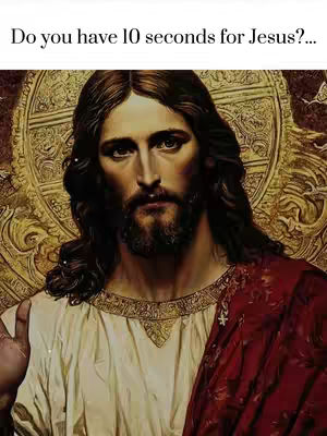 The image shows a classical depiction of Jesus Christ, centered in the frame. He has long, dark hair and a beard, and is looking straight ahead. He's wearing white and tan robes with a red shawl. Behind him is a golden, circular halo in a style reminiscent of traditional religious art.