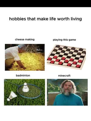 An image featuring different hobbies such as cheese making, playing checkers, badminton, and Minecraft. The hobbies are arranged in a grid format.
