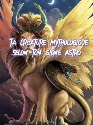 A fantasy-themed image composed of a mythical creature, possibly a chimera, set against a night sky with a crescent moon. The creature seems to be a mix of a lion, griffin, and serpent: it has a lion's head with a mane, horns, and wings, and a snake-like body coiling around it. Text overlays in a neon style say "TA CRÉATURE MYTHOLOGIQUE SELON TON SIGNE ASTRO", floating in front of the creature.
