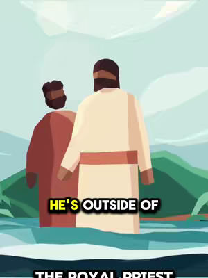 The image shows an animated scene depicting two figures from the back, positioned in a watery environment, likely a river or lake. The figure in front, presumed to be a religious figure, is wearing white clothing with a brown sash, and another is wearing a red robe. Above the figures, the background suggests a cloudy sky and distant landscape. The composition appears illustrative, with a focus on the subjects and a minimalistic design.