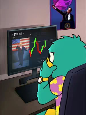 A cartoonish illustration shows a green bird-like creature looking at a computer screen displaying a stock chart and an image of Donald Trump. Behind the cartoon character, there’s a poster with a person at a podium, possibly Barack Obama, and a large butterfly. The color palette includes greens, blues, and orange, with the computer screen as a focus.