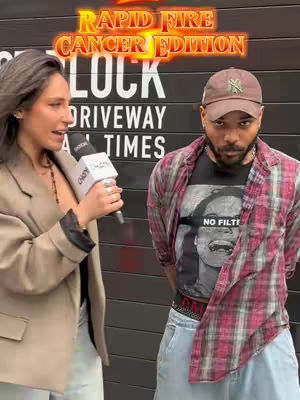 A woman with a microphone interviews a man. Text overlayed reads "RAPID FIRE CANCER EDITION."