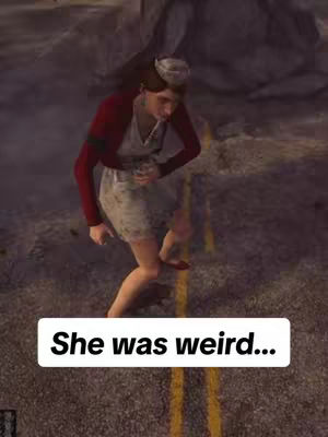 The cover image shows a female character from a video game, possibly Dead by Daylight, standing on a road. The character is wearing a nurse uniform and has a distressed expression. A text overlay says "She was weird...". The background suggests an outdoor setting with asphalt and yellow lines.