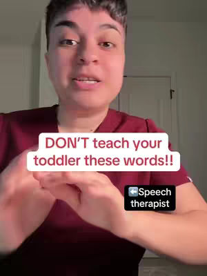 The cover image shows a woman from the chest up, with short hair, focused on the camera. A text overlay declares: "DON'T teach your toddler these words!!" in a white box with a maroon background.