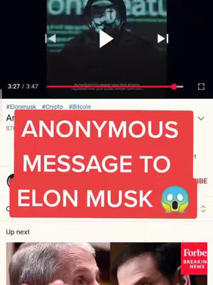 The cover image shows a screenshot from a video. The video is related to Anonymous and Elon Musk, as the overlay text indicates. The image has a red rectangular box at the bottom overlaying the video with the text "ANONYMOUS MESSAGE TO ELON MUSK". In the upper portion of the image, a person wearing a Guy Fawkes mask is visible on a screen. The overall layout is a screenshot of a social media post.