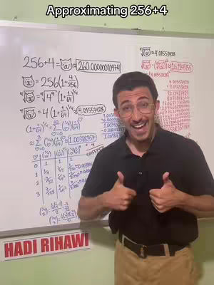 A man with glasses is standing in front of a whiteboard with math equations on it. He is smiling and giving a thumbs up with each hand. The whiteboard has math equations and the title 'Approximating 256+4.' At the bottom left is a red and white nameplate.