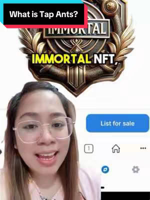 A woman with glasses is speaking. The background includes a game logo with the text 'IMMORTAL NFT'. There are app interface elements on the bottom right.