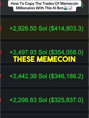 The cover image shows financial data displayed on a dark background with text overlays. The top section of the image shows the text overlay 'How To Copy The Trades Of Memecoin Millionaires With This AI Bot' followed by a number of rows. Each row contains ' + SOL ' with the amount and its monetary value.