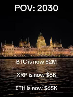 A night scene featuring a well-lit, ornate building situated next to a body of water, with the night sky in the background. Text overlays describe projections of different cryptocurrency values.