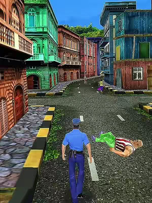 The cover image depicts an urban street scene, rendered in a cartoonish style. The road runs from the foreground towards the background between buildings of various colors and architectural styles. A police officer in a blue uniform is walking towards a man lying on the ground, while others run further down the street. The overall scene suggests action or pursuit.