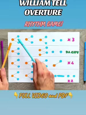 The cover image shows a person's hands holding a sheet of paper with a music-related diagram on it. The paper has a blue background on the top. There are colorful pens to the sides. The layout is well-organized and visually appealing, with clear instructions, and the overall composition is focused on the rhythm game.