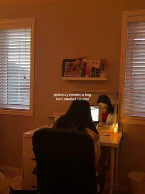 A person is sitting at a desk in front of a window. A mirror is behind them, showing the reflection of the person and a computer screen. Text is overlaid on the image: 'probably needed a hug but i studied instead'.