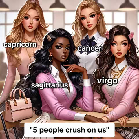 An illustrated image with five young women, each representing a different zodiac sign. They are dressed in similar pink cardigans with white shirts underneath. Text labels identify each figure: Capricorn, Cancer, Sagittarius, Virgo. The text overlay at the bottom says, "5 people crush on us."
