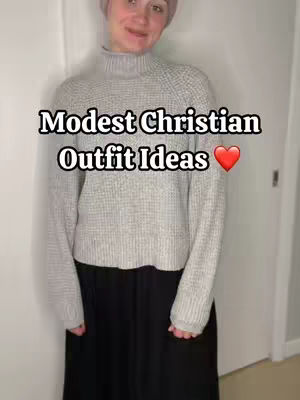 A woman wearing a gray sweater and black skirt, with text overlayed on the image promoting modest outfit ideas.