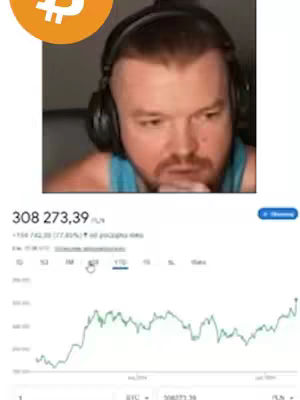The cover image features a man with headphones and a serious expression, likely in a video. A Bitcoin symbol is in the upper left corner. Below his image, a graph visualizes financial data possibly related to cryptocurrency, with a large number presented in PLN at the beginning.