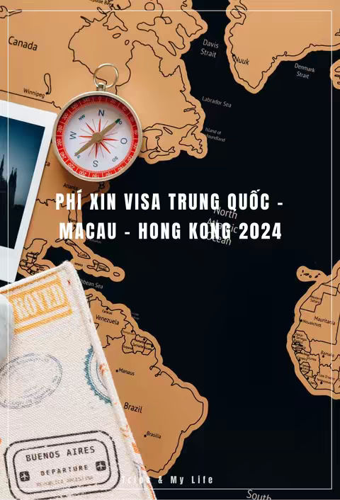 The cover image features a world map background in shades of tan and black. Overlaid are a compass, a passport, and the title text in Vietnamese. The composition has a travel theme, with the compass at the top and a passport at the bottom left. The central focus is on the text over the world map.