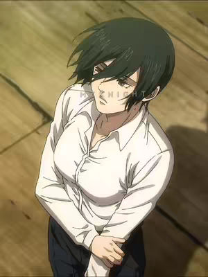 The cover image features a character from the anime Attack on Titan, Mikasa Ackerman. Mikasa is shown from a high-angle perspective looking down, with a slightly melancholic expression. She is wearing a white collared shirt, suggesting a casual or formal setting, and dark pants. The lighting is soft, and the overall image has a muted color palette.