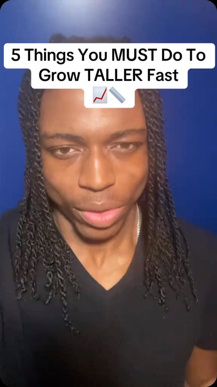 A close-up shot of a dark-skinned man with long, braided hair against a dark blue background. The man is looking at the camera with a neutral expression. A text overlay at the top of the image reads, \"5 Things You MUST Do To Grow TALLER Fast\". In the text bubble are a red increasing graph and a blue rectangle