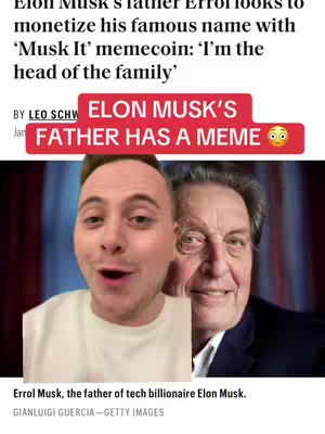 The cover image is a split image featuring two men: the younger man is on the left side and takes up about a third of the frame, with older man occupies the right two-thirds of the cover image. Overlay text at the top indicates the headline is from an article, "Elon Musk's Father Has a Meme". The background consists of a red bar containing the words 'ELON MUSK'S FATHER HAS A MEME' with an emoji.
