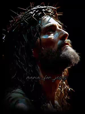 An artistic, high-contrast image featuring a man with dark hair and a beard, wearing a crown of thorns against a black background. The man's face is turned upwards, with a focused expression. Light highlights his face, suggesting suffering and reverence. The image conveys the essence of the Christian faith's 'Good Friday,' with a focus on the passion of Jesus Christ.