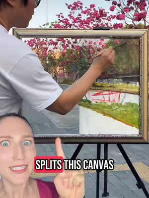 A split-screen image. On the left, a woman with wide eyes and a surprised expression points upwards. On the right, a man is painting on a canvas set on an easel, with a view of a tree in the background. The canvas is split horizontally, showing both the finished painting and the unpainted canvas.