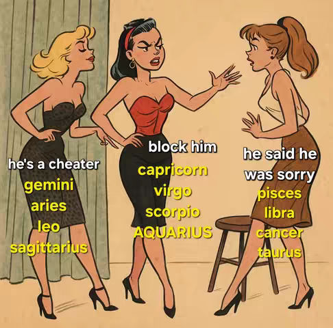 A stylized image depicting three women in a comic book style, each representing a different zodiac sign. One woman is speaking while the other two are listening with different expressions.