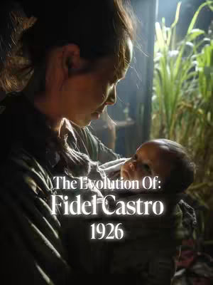 A dark, somewhat blurry image depicting a woman holding an infant close, with text overlaid. The woman is seen from the side, with her face partially visible, looking down lovingly at the baby. The baby's face is also visible, looking upwards. The background is indistinct. Overlaid in white text are the words 'The Evolution Of:' followed by 'Fidel Castro' and the year '1926'. The lighting is soft, with a warm, natural tone, suggesting a sentimental or historical context.