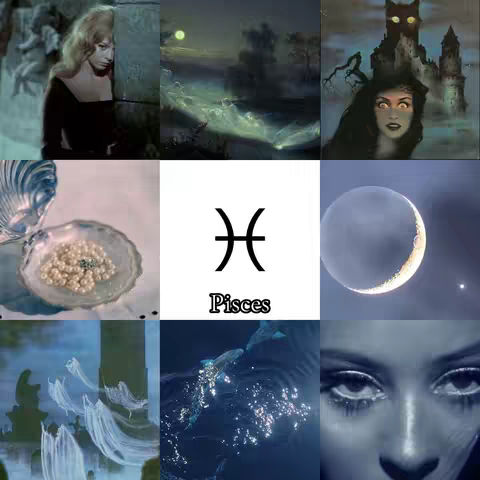 A collage-style image featuring nine different aesthetic scenes. The composition includes vintage movie stills, mystical landscapes, and surreal portraits, arranged in a grid-like pattern. Predominant colors are cool tones, featuring blacks, grays, blues, and hints of yellow and white. The central focus is the Pisces zodiac symbol alongside the word "Pisces" in a clean, sans-serif font.