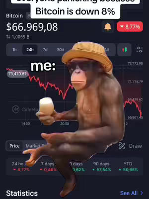 The image shows a meme-style graphic with a background resembling a stock market chart. The chart shows a downward trend in red, likely representing a drop in Bitcoin's value. A digitally altered image of a monkey wearing a safari hat and sunglasses is overlaid on the chart. The monkey is holding a glass of beer and leaning casually, seemingly unconcerned about the market drop.