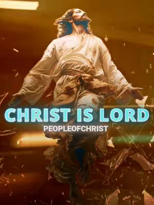 The cover image features a stylized depiction of Jesus Christ with his arms outstretched against a dynamic background. The primary figure is clad in flowing white robes with a brown sash. The image has a bright, warm color palette, likely from light effects. The text overlay states 'CHRIST IS LORD' in a bold, light-blue font, with 'PEOPLEOFCHRIST' below, emphasizing the religious theme.