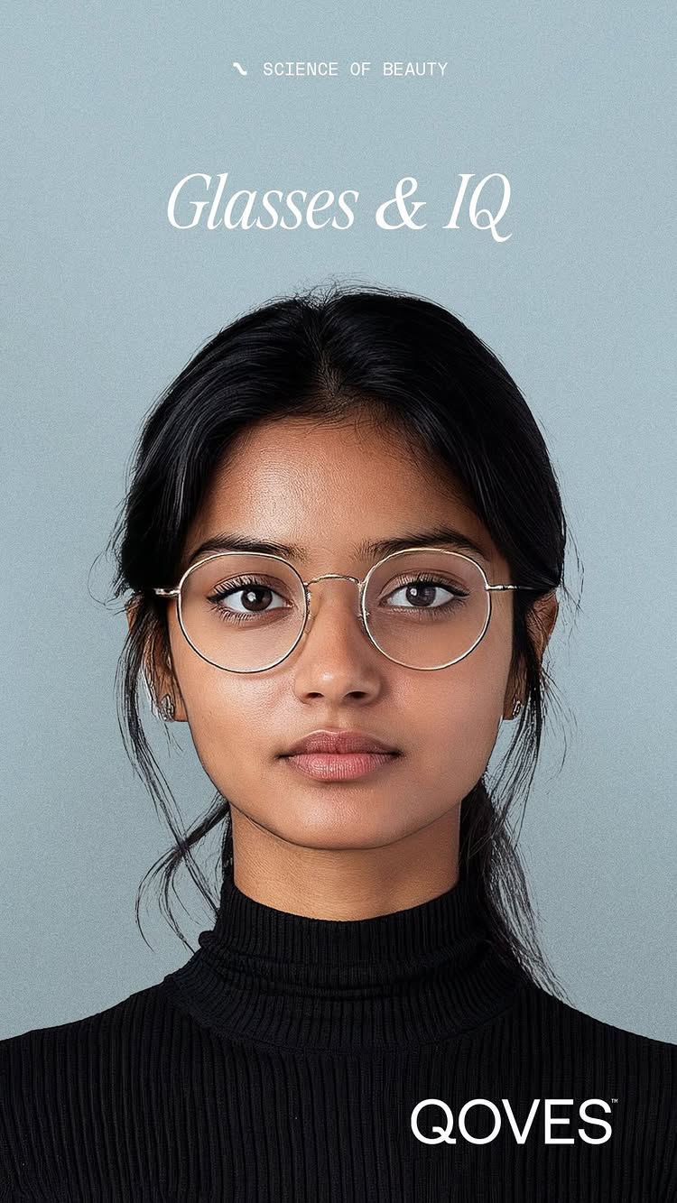 A portrait featuring a young woman with dark hair and fair skin wearing round, wire-rimmed glasses. The background is a solid light blue.  Above the woman's head, the text "SCIENCE OF BEAUTY" is written in a small, sans-serif font. The text "Glasses & IQ" is written in a larger, elegant font above the woman's face. Below the woman, the brand name "QOVES" is visible.