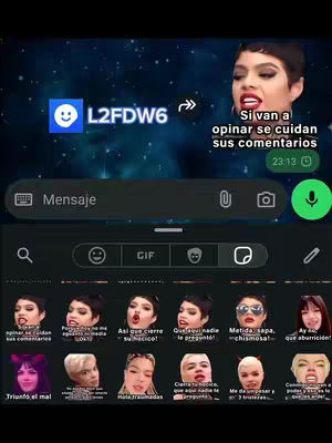 The cover image displays a WhatsApp interface with sticker previews, the creator's profile picture on the top right, and a background suggesting a starry night. Text overlays are present to display a message bubble.