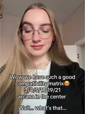 A young woman with long blonde hair wearing glasses. The caption features an overlay with text about a compatibility matrix and the numbers 3, 4, 5, 17, 19, 21 in the center.