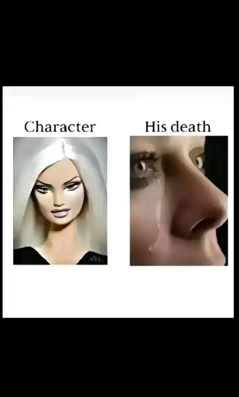 The cover image is a split-screen comparison. On the left, a doll's face with white hair and makeup is seen with the word "Character" above it. On the right, a close-up of a person's eyes and nose crying, labeled "His death". The background is black which makes the character and the crying face the only elements visible.