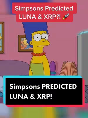 The cover image features a scene from The Simpsons cartoon with Marge Simpson looking concerned. Text overlays on the image indicate the video's topic about The Simpsons predicting LUNA and XRP.