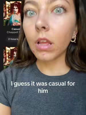 The cover image is a selfie-style shot featuring a young woman with wide, surprised eyes. The background shows two small video thumbnails. The woman is wearing a gray t-shirt.