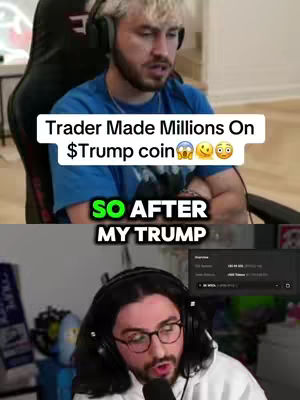 The cover image is split into two sections. The top half shows a person with light-colored hair wearing a blue shirt and headset, overlaid with the text 'Trader Made Millions On $Trump coin' in white. In the bottom half, another person wearing glasses and a headset focuses on the screen of a device.