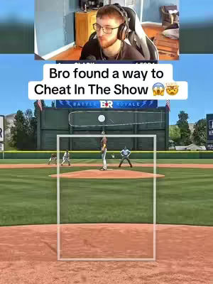 The cover image shows a split-screen presentation. The top half features a man with glasses and a gaming headset, presumably the content creator, reacting to gameplay. The bottom half shows a baseball game scene from 'MLB The Show' with players on a field. A text overlay reads, 'Bro found a way to Cheat In The Show.'