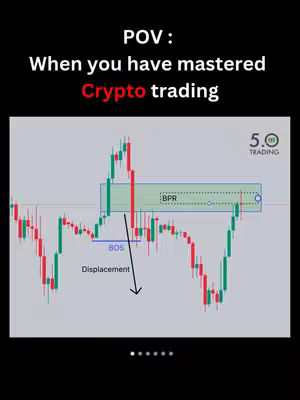 The image is a vertical graphic with a black background. The primary focus is a candlestick chart displaying price fluctuations, typical of financial analysis. Overlaid on the chart are textual annotations and illustrations. At the top is text reading "POV :" followed by "When you have mastered Crypto trading." Below, various labels such as "BOS" and "BPR" pinpoint specific chart patterns. In the upper right corner, a trading logo provides branding (5.0 Trading). The colors primarily include red, green, and black with white and blue accents used for annotations.