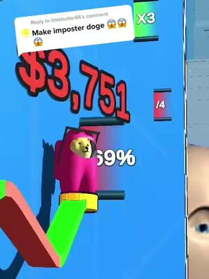 The cover image shows a mobile game interface with a stylized Among Us character (imposter) with a Doge face and the text overlay that reads 'Reply to @littlebutter66's comment'.  The background has a bluish color, with graphic elements indicating game progress and some dollar signs.