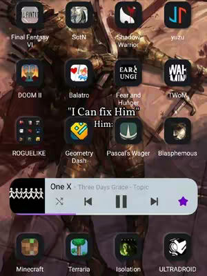 The cover image displays a mobile phone screen showcasing an app layout with multiple game icons. A purple music player bar at the bottom indicates a song by Three Days Grace. The background has a blurred image with golden and brown tones. Text overlay indicates an expression on the screen.